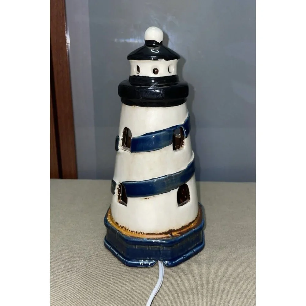 Lighthouse Nautical Spiral Hand Painted Ceramic Vintage Nightlight Light 7”